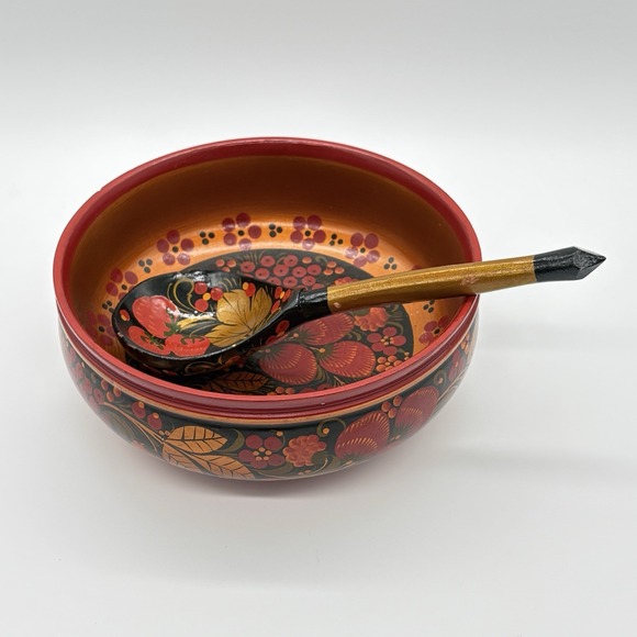 Other - Russian Art Khokhloma Wooden Bowl Matching Spoon Traditional Floral Berry Design